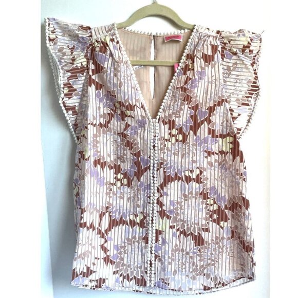 Kate Spade Floral Top Womens Small Pink Short Flutter Sleeve V-Neck Crochet Boho - Picture 1 of 8